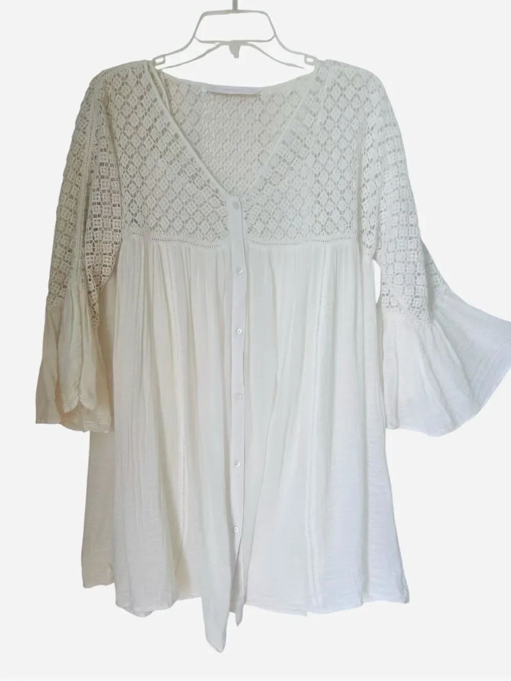 Zara 100% Cotton Cream Crochet BohoTunic Flowy Bell Sleeve Cottagecore Blouse XS